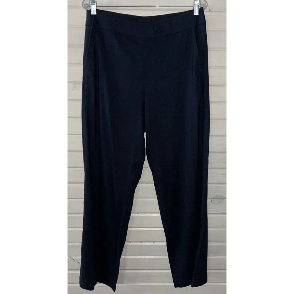 Chicos Sz 1 (8R) Wide Leg Linen Pants Navy Blue Pull On Pockets Stretch EUC - Picture 1 of 8